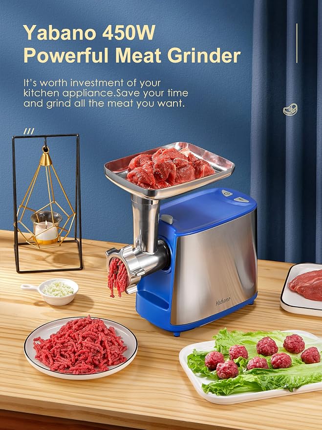 Electric Meat Grinder Heavy Duty Meat Mincer with Sausage Stuffer Kit | Includes Sausage And Kubbe Kit, 2 Grinder Plates, Stainless Steel Parts, Blue Finish, For Home Meat Prep