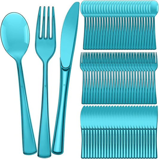 Minatee 150 Pieces Disposable Cutlery Set Plastic Silverware Heavy Duty Utensil Sets 50 Forks 50 Knives 50 Spoons for Home Office School Party Picnics Restaurant Outdoor Events(Peacock Blue)