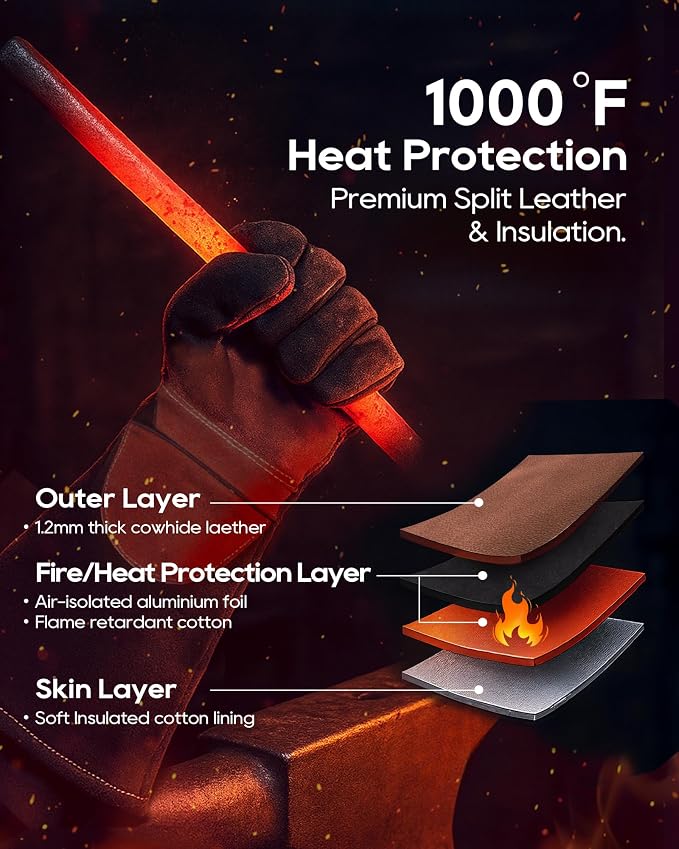 TOPDC Welding Gloves 16Inch 1000℉Heat/Fire Resistant Reinforced Leather Fireproof Gloves with Kevlar Stitching for Mig, Tig, Stick, Forge, BBQ, Grill, Oven, Fireplace, Furnace, Animal Handling, SMALL