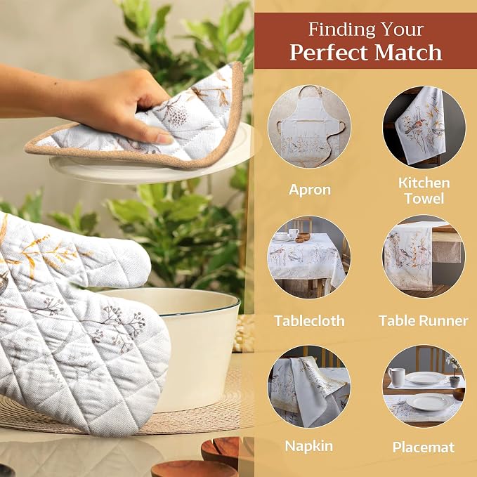 Maison d'Hermine Oven Gloves 100% Cotton Oven Mitt (7" x 13", Pack of 1) | With Loop Heat Resistant BBQ Cooking Gloves Baking Grilling Kitchen Handling Hot Pans Spring Summer - Meadow Florals - Beige