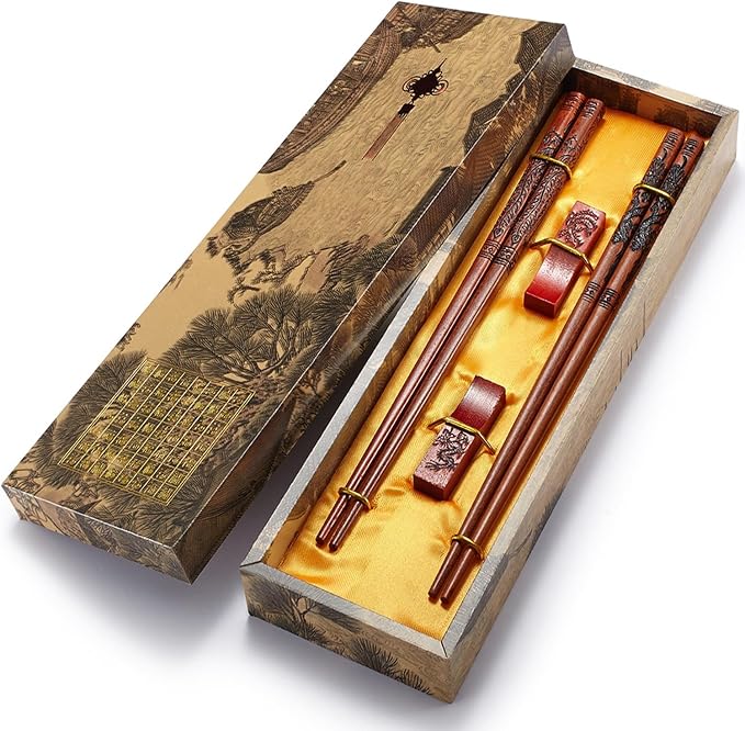 Chopstick Reusable Chinese Dragon and Phoenix Chopsticks with Holder and Carrying Bag Chinese Traditional Stylish Set（2 Pairs）