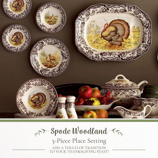 Spode Woodland 5-Piece Thanksgiving Dinnerware Set - Porcelain Plates & Teacup and Saucer, Fall Dinnerware Collection - Microwave & Dishwasher Safe - Elegant Autumn Tableware