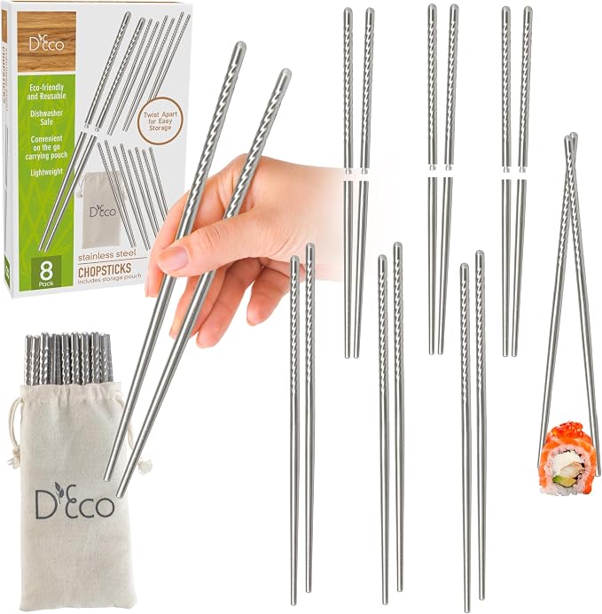 D'Eco Reusable Metal Chopsticks (8 Pairs)- Stainless Steel Twist Apart Silver Chopsticks & Travel Pouch- Lightweight, Durable, Dishwasher Safe- Great for Chinese Japanese Cuisine- On the Go Silverware