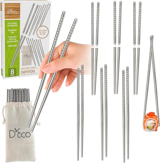 D'Eco Reusable Metal Chopsticks (8 Pairs)- Stainless Steel Twist Apart Silver Chopsticks & Travel Pouch- Lightweight, Durable, Dishwasher Safe- Great for Chinese Japanese Cuisine- On the Go Silverware