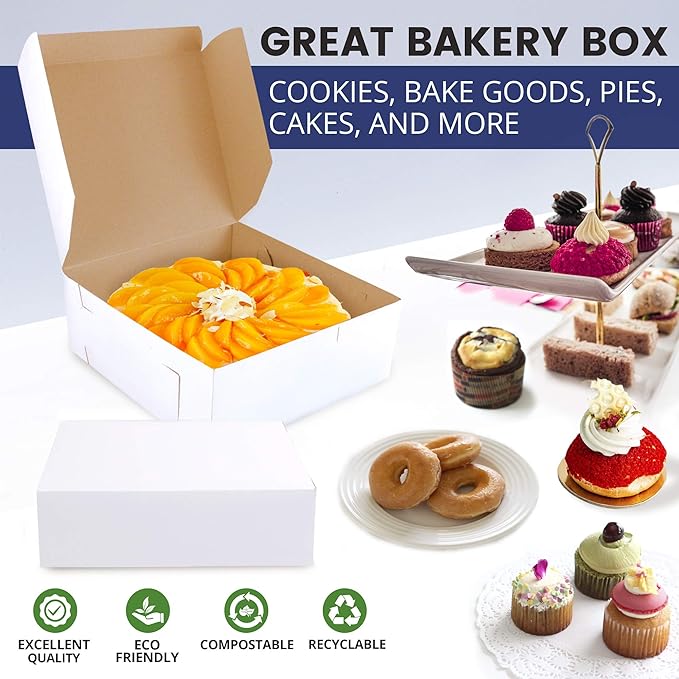 [25 Pack] Pastry Boxes - 7 x 7 x 3 Inches White Bakery Box for Cookies, Compostable Kraft Paper Cardboard for Baked Goods Packaging, Cake, Food, Donut, Cupcake, Candy, Bread, Bridesmaid Gift Box
