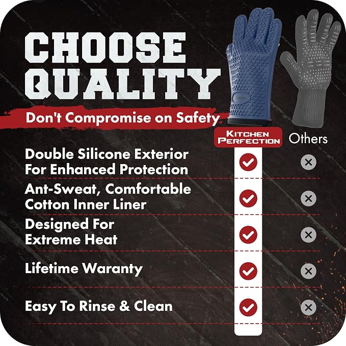 KITCHEN PERFECTION S Silicone Smoker BBQ Gloves - Heat Resistant Oven Mitts | Waterproof, 5-Finger Design For A Better Grip, for Pitmasters, Meat Smoking, Grilling, Cooking, Frying Turkey | Grill Gift