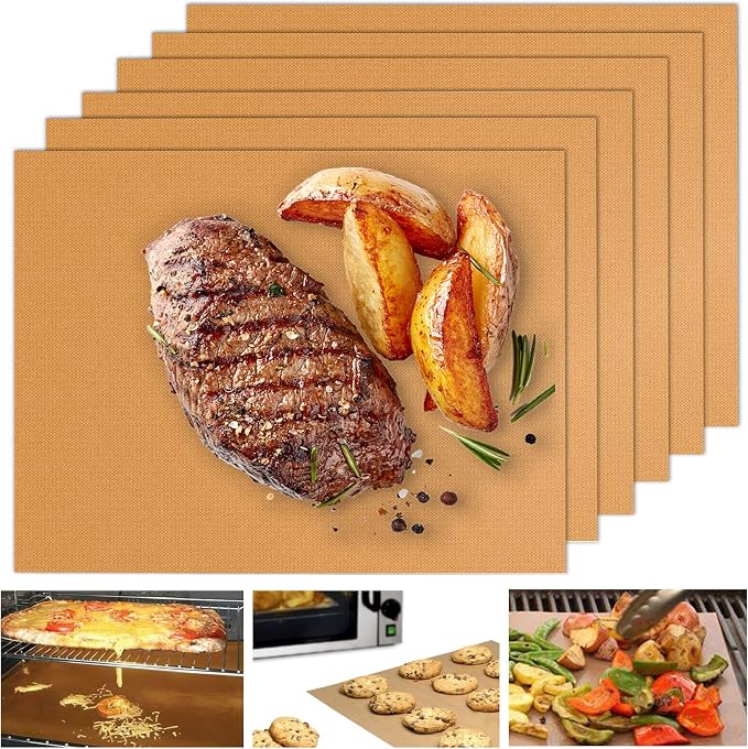 UBeesize Copper Grill Mats 6-Pack, Non-Stick PFOA-Free, 500°F Heat Resistant, Easy Clean, Cut-to-Fit for Gas/Charcoal/Infrared Grills, Camping Accessories for Steak Chicken Fish Vegetables