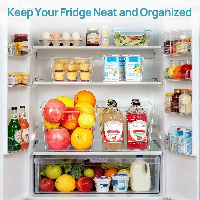 Vtopmart 8 Pack Clear Storage Bins Set for Pantry Organizer | 4 Large Pantry Bins with Handle and 4 Medium Snack Organizer Bins with 4-Compartment for Pantry, Kitchen, Fridge, Cabinet