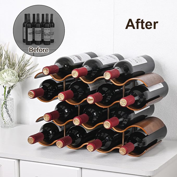 Countertop Wine Rack - 14 Bottle Freestanding Wine Bottle Holder Stand - 4 Tier Wooden Wine Storage Rack - Walnut Wavy Wine Organizer for Cabinet Pantry Home Kitchen Bar