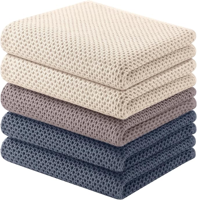 Homaxy 100% Cotton Waffle Weave Kitchen Towels, 5-Pack, Mixed Color | 13 x 28 Inches, Ultra Soft Absorbent Dish Towels, Quick Drying Cleaning Towels