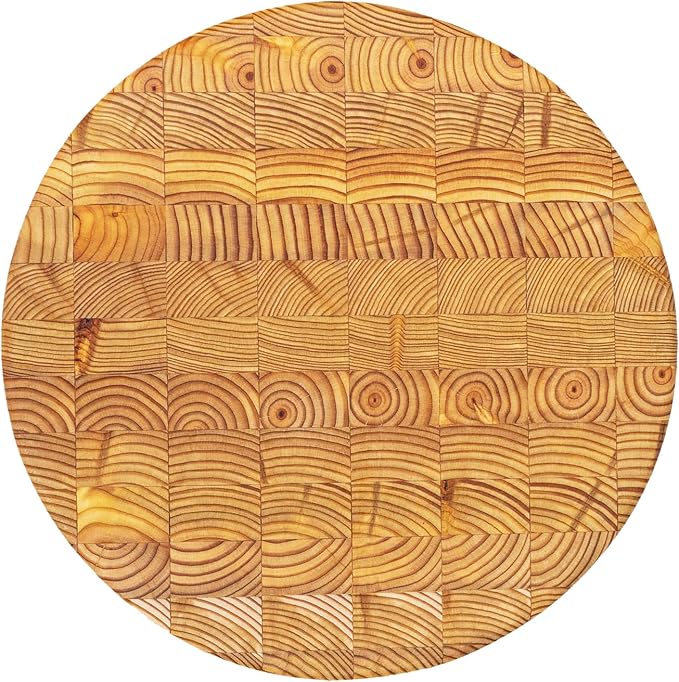 Larch Wood Canada End Grain Round Cheese Cutting Board, Standard Line, Handcrafted for Professional Chefs & Home Cooking, 10" Diameter and 2" Thick