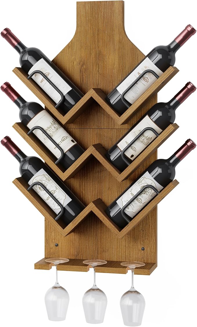 Hoctieon Wine Rack Wall Mounted, 6 Bottles Wood Wine Rack for Display and Storage, Hanging Bottle Holder Bar Shelves for Living Room, Kitchen, Dining Room, Wine Cellar, Warm Brown