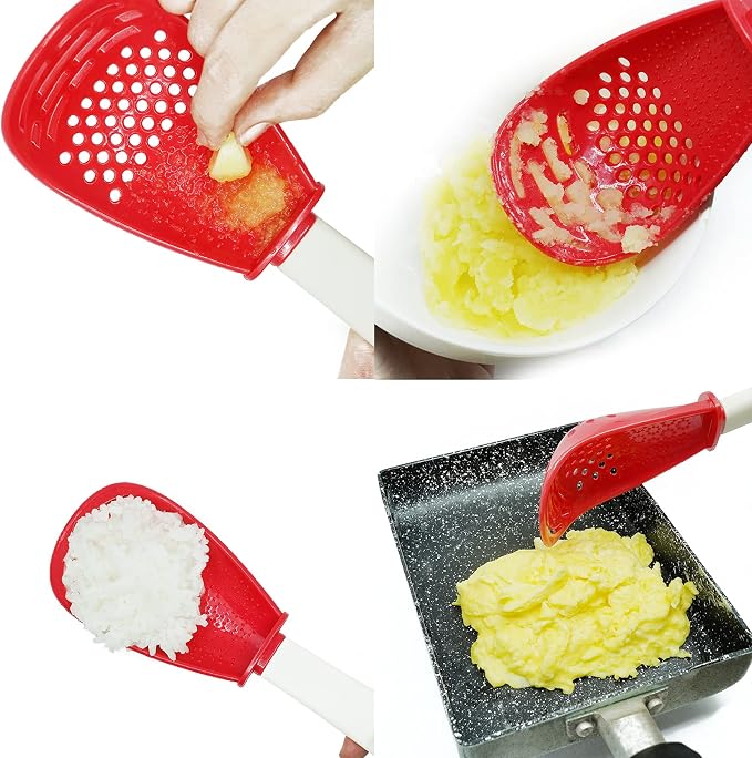 pack of 2, Red, Multifunctional cooking gadgets, 6 in 1 cooking utensils Slotted Spoon, 356°F Heat Resistant kitchen gadgets, Egg Separator, Cooking, Draining, Mashing, Grating, Cooking spoon