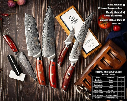 YARENH 8-Piece Kitchen Knife Set with Block,Damascus Chef Knife, 67-Layer High Carbon Stainless Steel,Sharp Rust-Resistant Blades,Sandalwood Handle