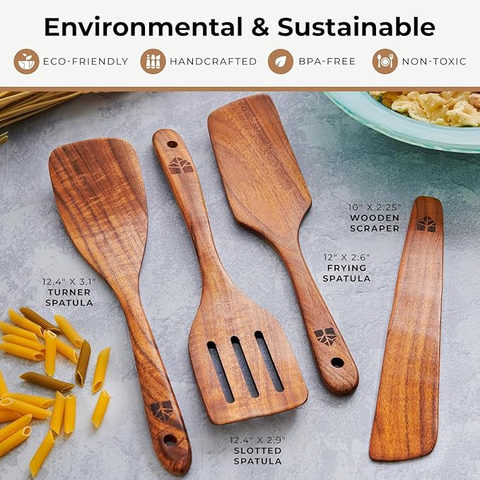 Wooden Spatula for Cooking, Teak Wood Set of 4 for Non Stick Frying Pan | Includes Paddle, Turner, Slotted Spurtle & Scraper – Long Ergonomic Handles, Scratch-Free Design