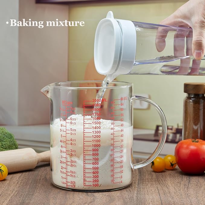 Ackers BORO3.3 Glass Measuring Cup-[Insulated handle | V-Shaped Spout]-Made of High Borosilicate Glass Measuring Cup for Kitchen or Restaurant, Easy to Read, 2000 ML (64 Oz, 8 Cup)