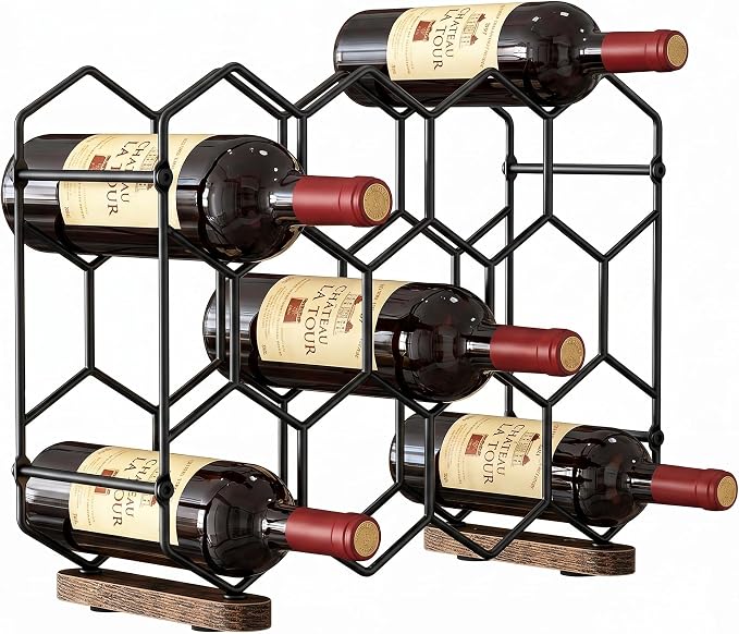 Nuovoware Countertop Wine Rack, 14-Bottle, 3 Tier, Black+Brown | Wine Bottle Organizer Storage, Freestanding Modern Carbon Steel Holder, Hexagonal Structure, for Cabinet, Pantry