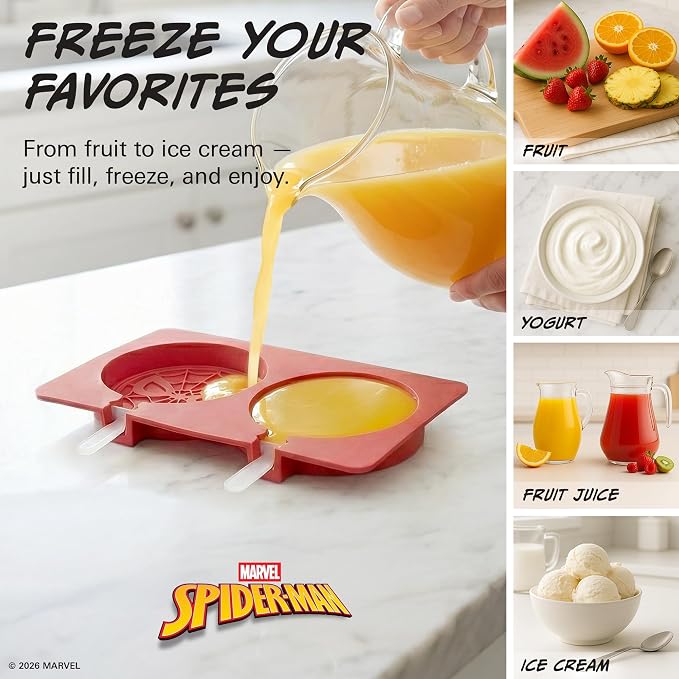 Marvel Silicone Popsicle Molds with Lid – Compact BPA-Free Popsicle Maker Featuring Spiderman, Flexible Ice Pop & Ice Cream Molds with Sticks, Dishwasher Safe, 2 Mold Set for Homemade Frozen Treats