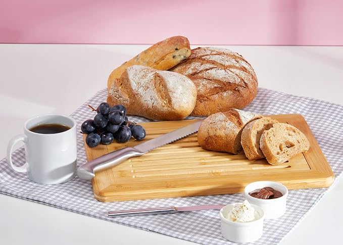 RoyalHouse Large Premium Natural Bamboo Bread Cutting Board with Crumb Tray, Bread Serving Tray for Kitchen | Bread Serving Tray for Kitchen, Ideal for Slicing Loaves, Catching Crumbs, and Elegant Countertop Presentation