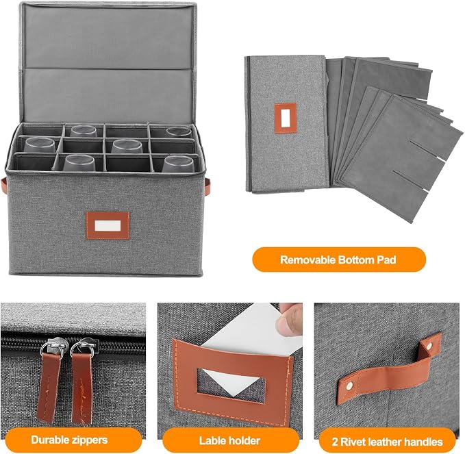 Wine Glass Storage Box with Dividers, Stemware Storage Containers for Glassware or Crystal, China Storage Containers Hard Shell, Moving Supplies, Hard Top, Sides and Stackable (2 Pack, Grey)