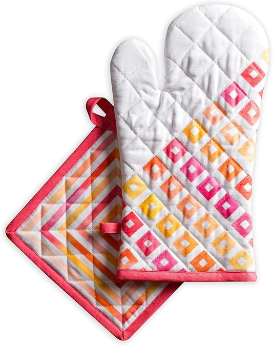 Maison d' Hermine 100% Cotton Oven Mitt & Pot Holder Set (7.5"x13" & 8"x8") | Heat Resistant BBQ Cooking Gloves with Loop Baking Grilling Kitchen Hotel Home Farmhouse Spring Summer - Summer Maze