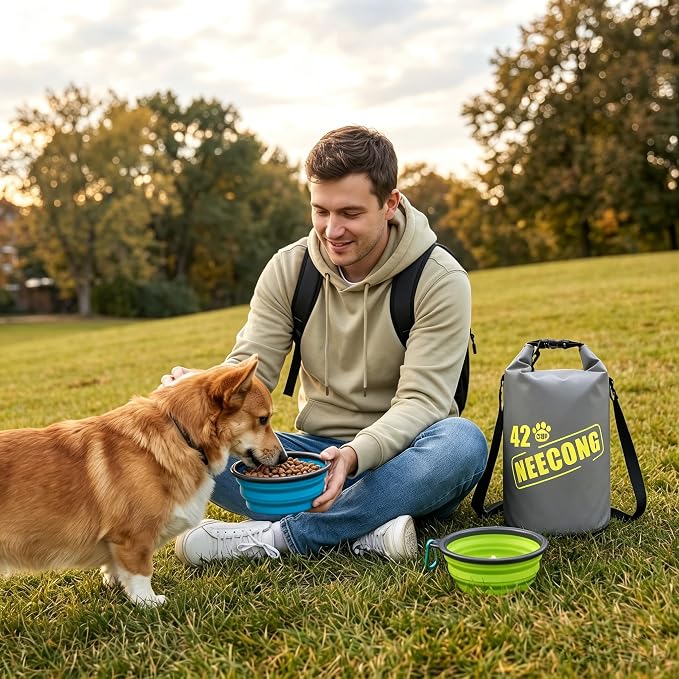 Dog Food Travel Bag With Collapsible Travel Bowls, 42 Cup Dog Food Storage System for Camping, Everyday-10L Food Dry Bag