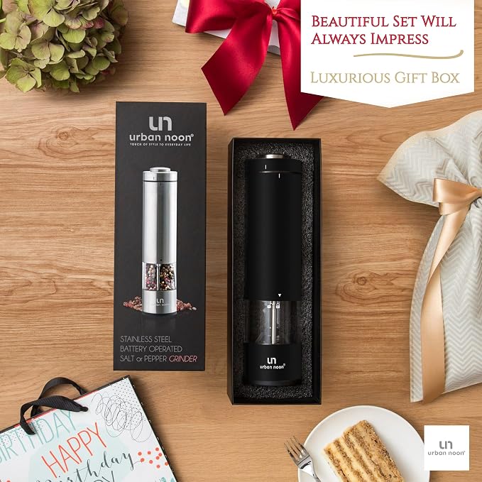 Urban Noon Electric Salt or Pepper Grinder Set (1 Mill, 8.1" Tall) - One-Handed Push-Button Mills with LED Light, Adjustable Ceramic Coarseness, Gift-Ready Box, 1-Year Warranty - Black