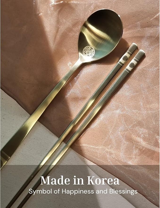 ONGI Korean Spoon and Chopstick 2 Set – Premium 18/10 Titanium Gold – Double Happiness Design – Gift-Ready – Made in Korea – Dishwasher Safe (Hee Pattern Gold 2 Set)