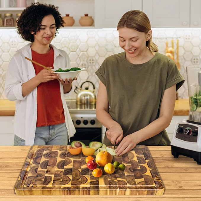 XL Acacia End Grain Wood Cutting Board (20x15x1.5in) Acacia Wooden Cutting Board, Butcher Block, Chopping Board - Reversible Multipurpose For Kitchen with Juice Groove, Cracker Holder & Inner Handles.