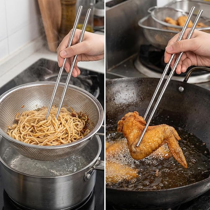 2Pcs Extra Long Cooking Chopstick 15.3" Metal Cooking Chopsticks | 304 Stainless Steel, Deep Frying, Non-Slip Thread, Reusable for Hot Pot and Noodle, Dishwasher Safe