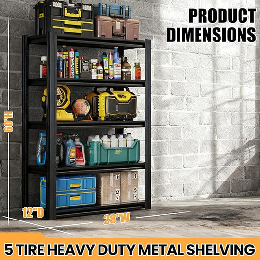 62" H Garage Shelving, Heavy Duty Storage Shelves, Garage Storage Shelves, Adjustable 5 Tier Metal Shelving Unit, Utility Shelves for Warehouse Backyard, 62" H×27.6" W×12" D