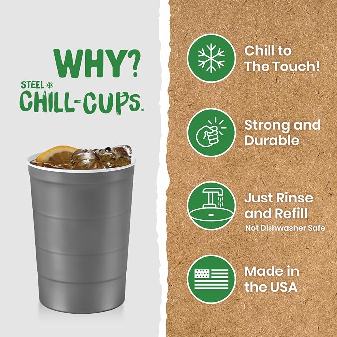 Steel Chill Cups 16 oz. Durable & Reusable Party Cups, Gray, 180 Count | Made in USA from Steel these durable cups chill fast & keep your drink cold for longer, 100% recyclable for sustainablity