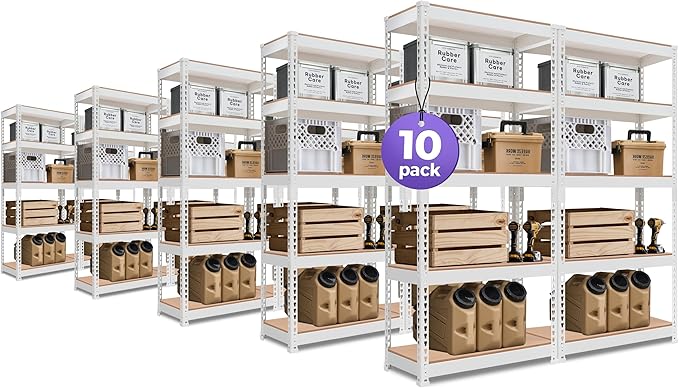 HOMEDANT 5 Tier Laminated White Boltless Metal Shelving Unit Adjustable Garage Storage Utility Rack Heavy Duty Shelves Organization Shelf Warehouse Pantry 28" W x 12.3" D x 59.5" H 10Pack
