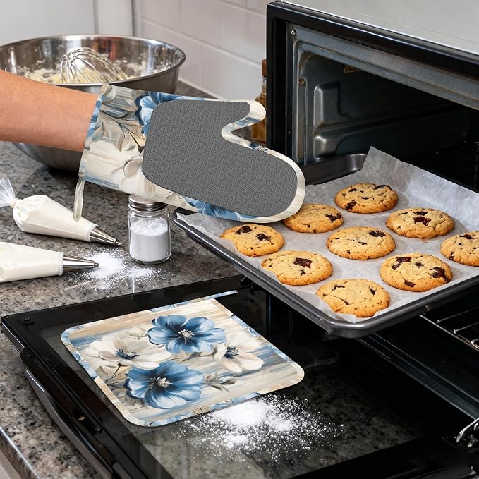 Flower Heat-Resistant Silicone Oven Mitts and Pot Holders,Flower on Marble Art Long Oven Gloves with Non-Slip Grip for Cooking, Baking, Grilling,BBQ