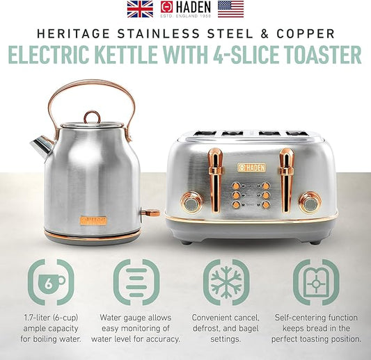 Haden Heritage 4 Slice Wide Slot Stainless Steel Toaster Bundled with 1.7 Liter Stainless Steel Electric Water Kettle, Steel & Copper