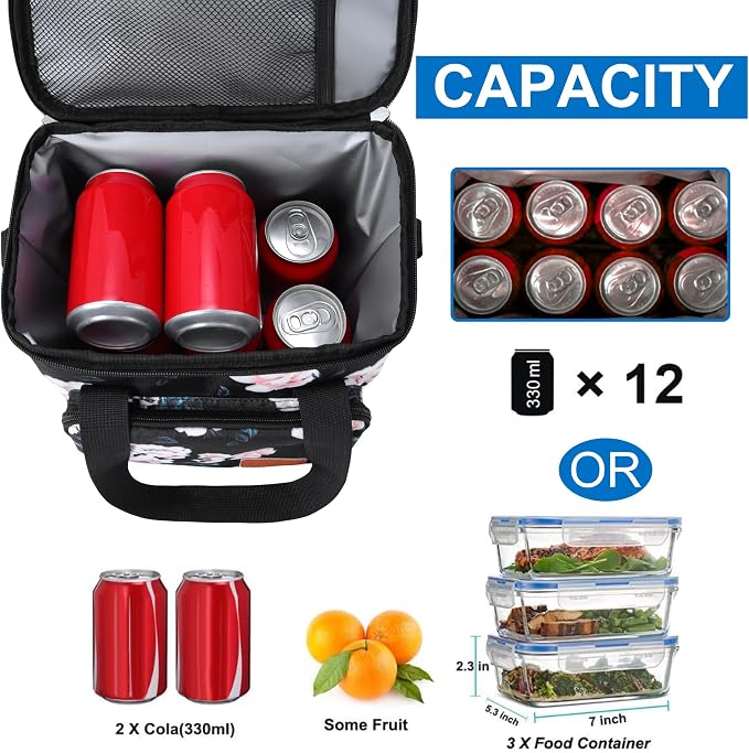 Lunch Bags for Women/Men, Insulated Lunch Bag for Work Office - Lunch Cooler Bag Leakproof Lunch Box with Adjustable Shoulder Strap - Pink flower