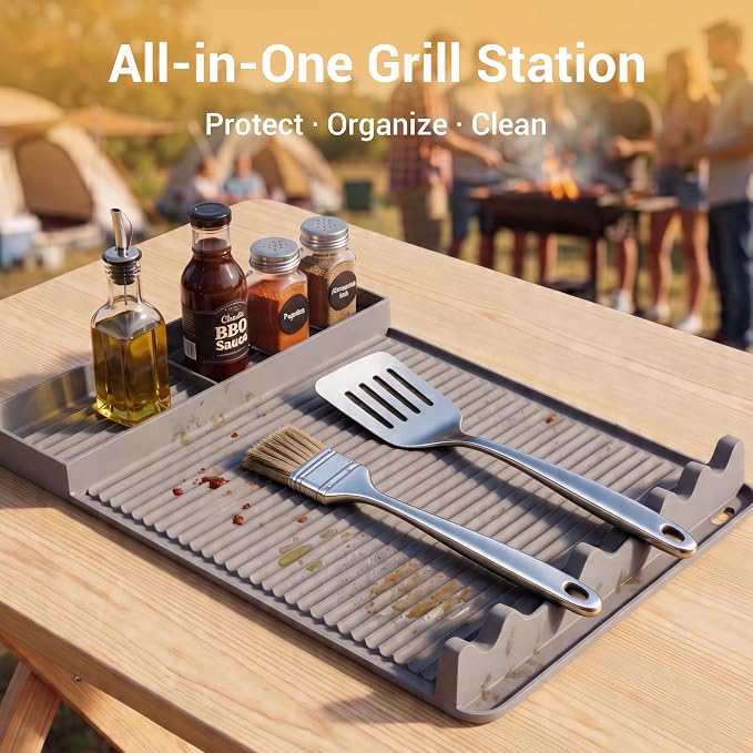Silicone Grill Mat for Blackstone Griddles & Outdoor Grills - Heat Resistant (450°F) Countertop Protector, Non-Slip Tool Organizer & Grease Catcher, 16x11.5 Inch(Grey)