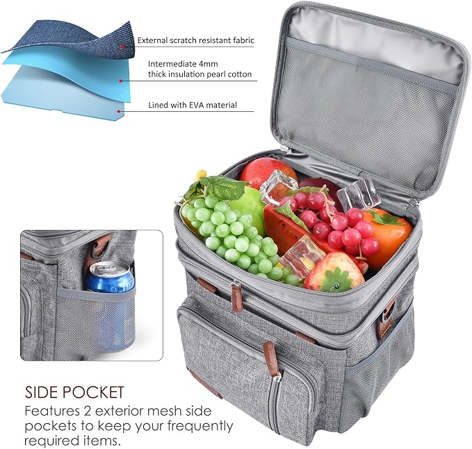 MIYCOO Lunch Bag for Women & Men, Expandable Double Deck Lunch Box, 15L | Leakproof & Waterproof, Portable, Large Soft Insulated Cooler bag for Adult, Work, Camping, Beach, Picnic, Travel