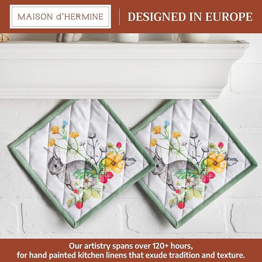 Maison d' Hermine Pot Holders 100% Cotton Potholders (8" x 8", Pack of 2) | Heat Resistant Hot Pads with Loop BBQ Cooking Baking Farmhouse Kitchen Handling Hot Pans Spring Summer - Printemps
