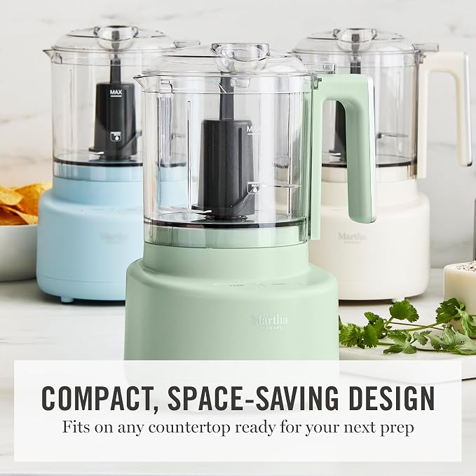 Martha Stewart 3 Cup Electric Vegetable Chopper & Mini Food Processor, Blue | 24oz BPA-Free Bowl, Stainless Steel Blades, Pour Spout, Dice, Puree, Mince, Chop Vegetables & Herbs, Dishwasher-Safe Parts