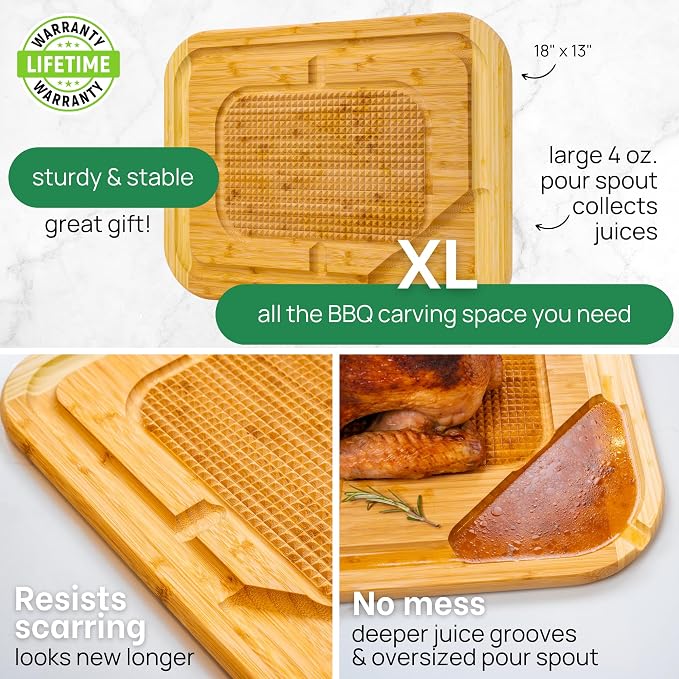 GREENER CHEF 18 Inch Extra Large Organic Turkey Carving Board with Lifetime Replacements - XL Wooden Butcher Block Meat Cutting Board with Pour Spout - Thanksgiving Cooking Essentials