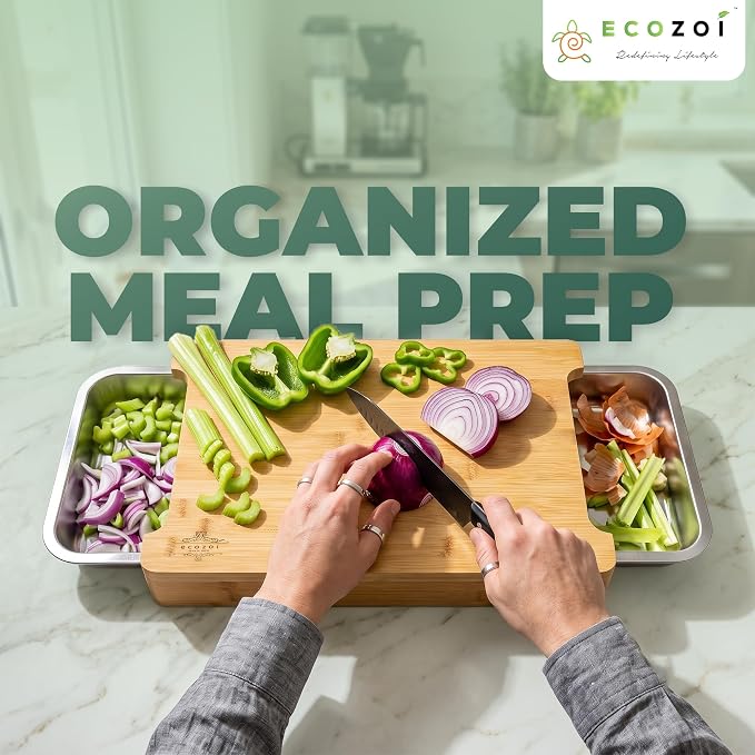 Bamboo Cutting Board by Ecozoi with 2 Slide Out Drawers. Keep Meal Prep Organized With Organic Bamboo Wooden Chopping Station. Non-Slip Butcher Block with Juice Groove for Easy Cleaning