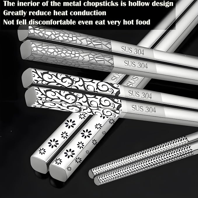 Metal Chopsticks Reusable 5 Pairs 18/8 Stainless Steel chop sticks silver | Dishwasher Safe,Non-Slip Grip,Good for Beginners,SUS304 Resistant to Rust,Square,Lightweight 9.25''