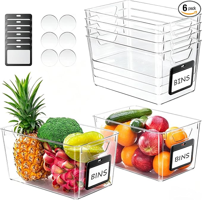 iCASA 6-Pack Clear Fridge Organizers and Storage Bins Container with Labels | Plastic Refrigerator Organizer Bin for Organizing, Home Organization Must Haves for Kitchen Under Sink Cabinet Pantry Shelf