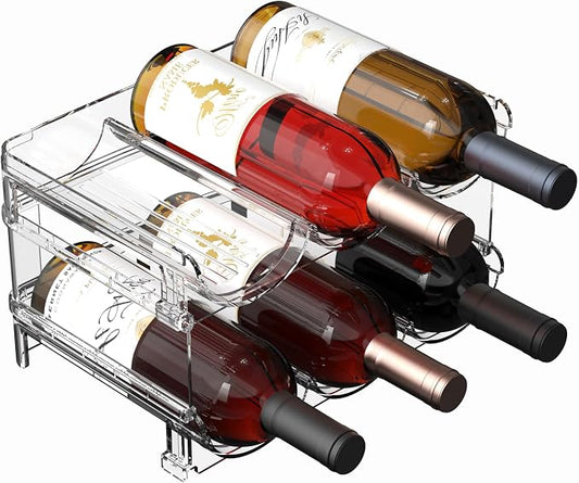 Plastic Stackable Wine Rack for Refrigerator, 2 Tier Large Capacity Water Bottle Organizer for Cabinet, Free-Standing Water Bottle Storage Rack for Fridge, Countertop, Pantry, Freezer, Hold 6 Bottles