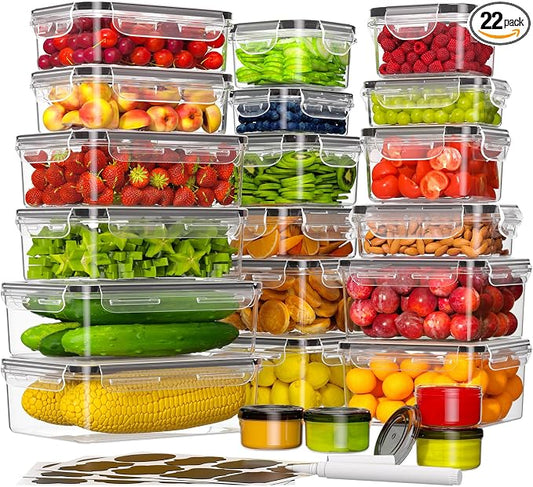 KEMETHY 44-Piece Food Storage Containers with Lids(22 Containers & 22 Lids), Plastic Food Containers for Pantry & Kitchen Storage and Organization, BPA-Free, Leak Proof, Reusable with Labels & Pen