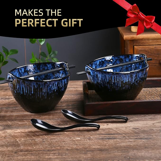 Ramen Bowl with Chopsticks and Spoons Set, 7 Inch Ceramic Noodle Bowl Set of 2, Donburi Bowl Dishwasher Safe for Pho Udon Soba Noodle Salad Pasta, Special Reactive Glazed Navy Bowls Set