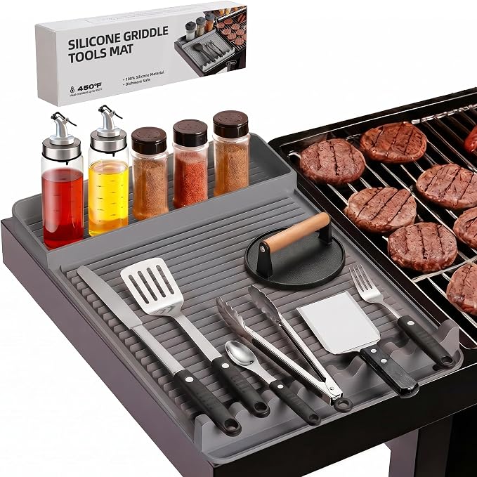 Silicone Grill Mat for Blackstone Griddles & Outdoor Grills - Heat Resistant (450°F) Countertop Protector, Non-Slip Tool Organizer & Grease Catcher, 16x11.5 Inch(Grey)
