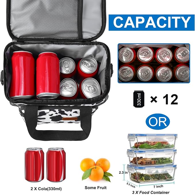 Lunch Bags for Women/Men, Insulated Lunch Bag for Work Office - Lunch Cooler Bag Leakproof Lunch Box with Adjustable Shoulder Strap - Cow print