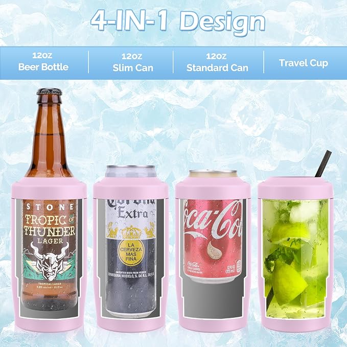 Morefeel 4-in-1 Insulated Can Cooler for 12 oz Cans & Bottles | 304 Stainless Steel Can Holder Fits 12 Oz Slim Cans, Standard Cans, Beer Bottles & Works as A Open Cup; Dishwasher Safe